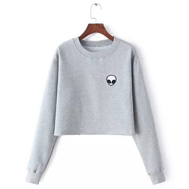 Autumn Long Sleeve Women Sweatshirts Casual O-Neck Cropped Pullovers Female Hoodies Coats Fashion Print Short Hoodies Grey S-2XL
